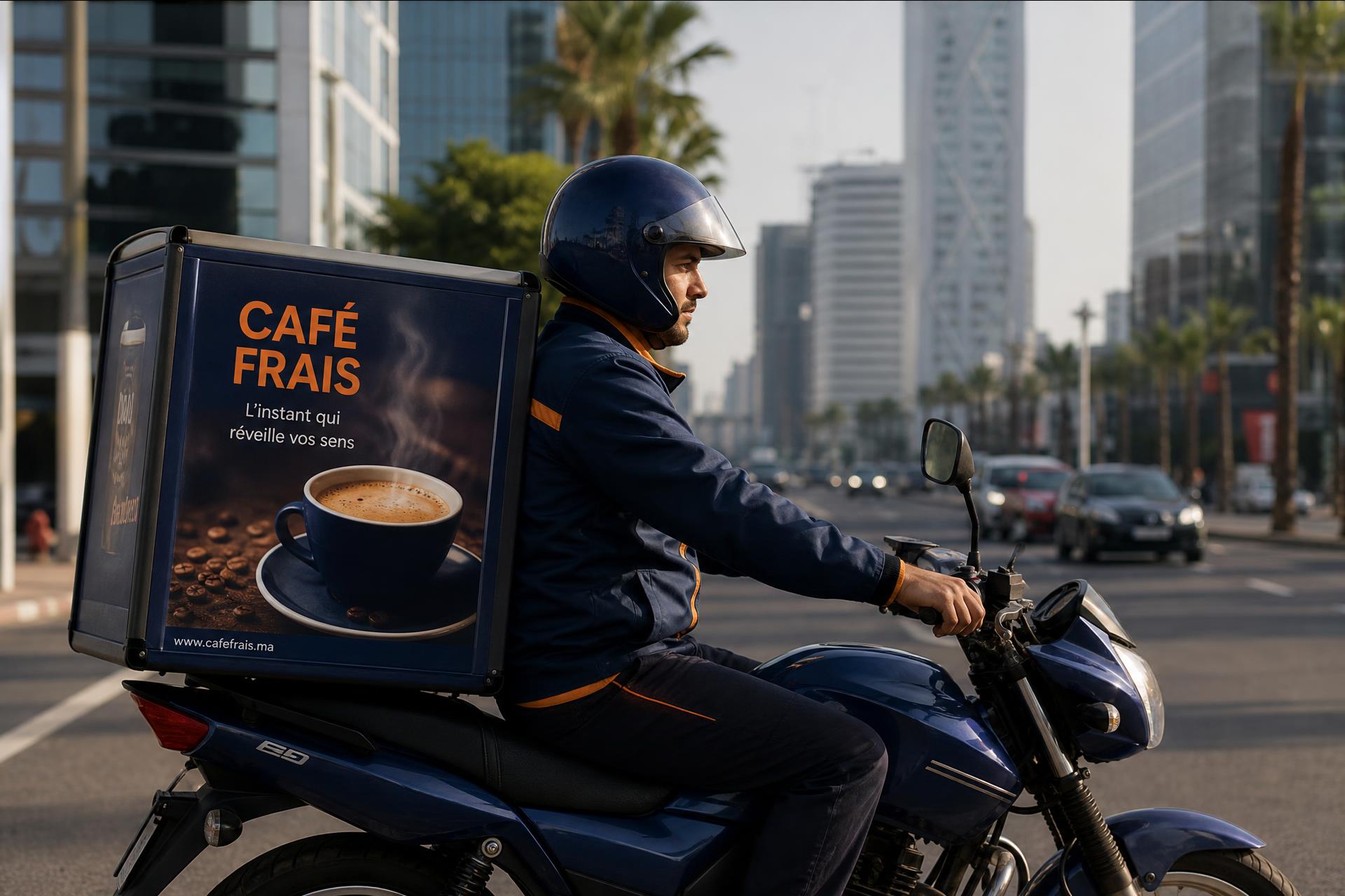 Moto publicitaire Echhar Motion équipée d'un caisson d'affichage grand format présentant une campagne de marque, circulant dans un quartier d'affaires de Casablanca